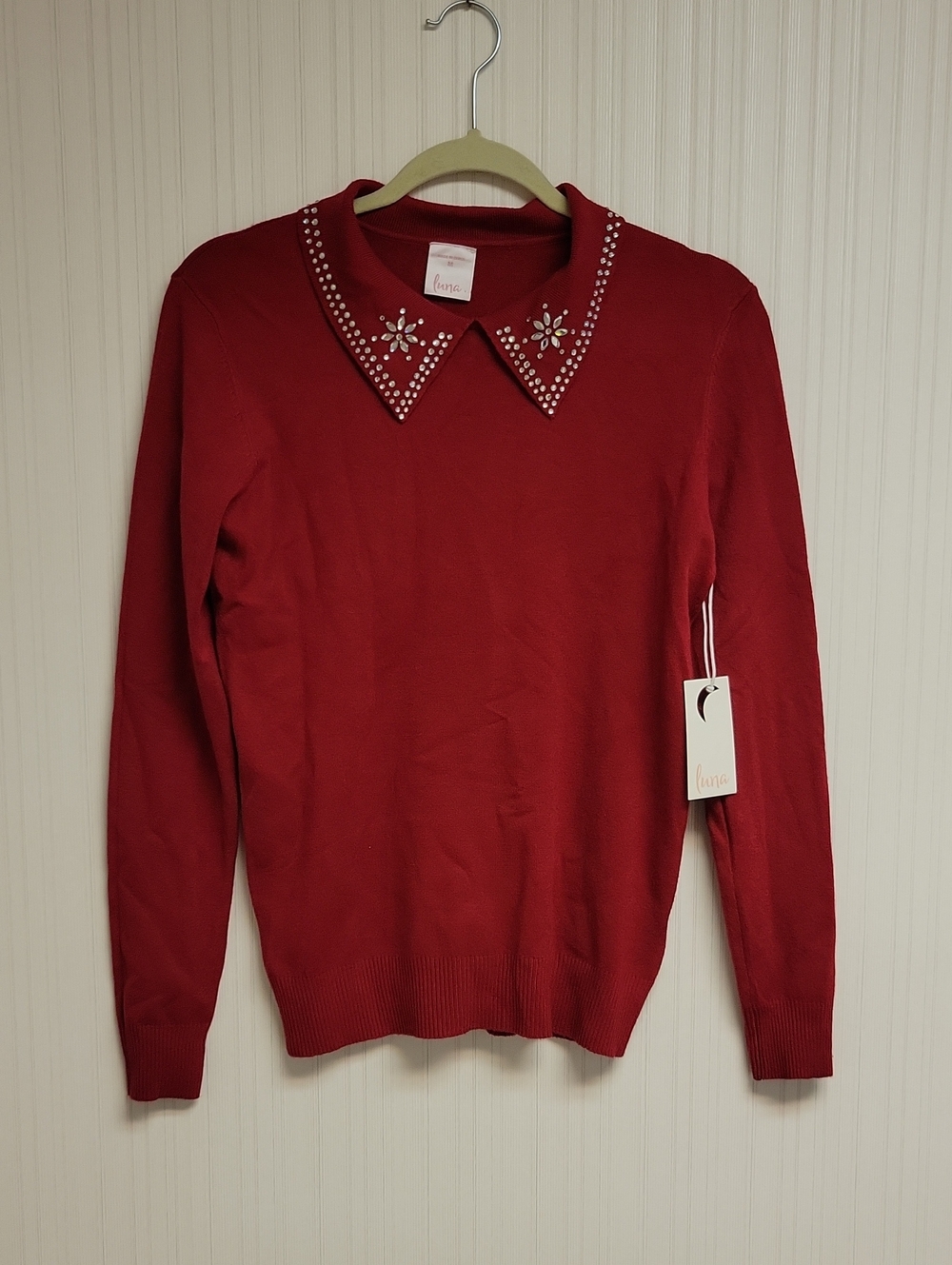 Luna Red Embellished Collar Sweater. New Sa Medium Holiday Festive Fall Grandma